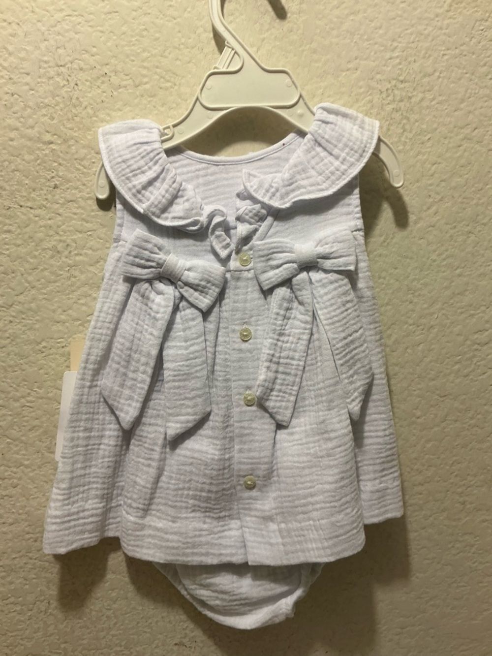 Sophie & Lucas White Textured Baby Dress with Double Front Bows
